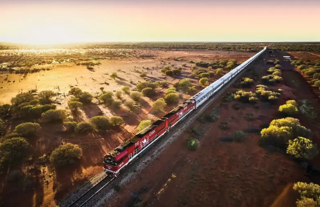 The Ghan train travelling in the middle of an open field lined by trees and the sun setting in the distance to left